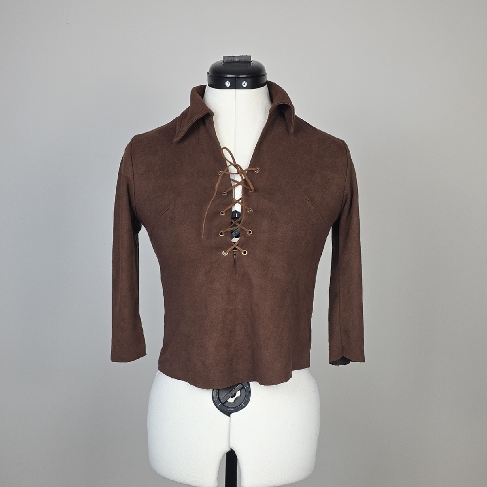 Shiyuan Brown Faux Suede Lace-Up Top – Y2K Retro Piece – Size XS